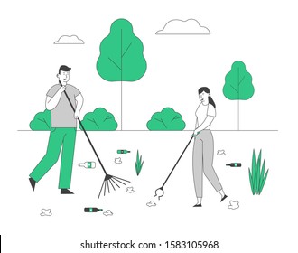 Recycling Ecology Protection Concept. Man and Woman Removing Trash from Ground Cleaning Earth Surface with Rakes. People Saving Planet, World Environment Day. Flat Vector Illustration, Line Art