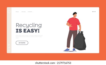 Recycling, Ecology Protection Landing Page Template. Young Man Removing Trash from Ground. Male Character Cleaning Earth, Saving Planet, World Environment Day. Cartoon People Vector Illustration