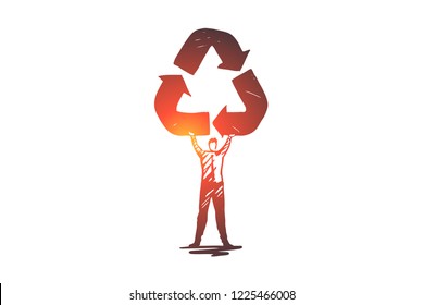 Recycling, ecology, reuse, arrow, environment concept. Hand drawn symbol of recycling in man's hand's concept sketch. Isolated vector illustration.