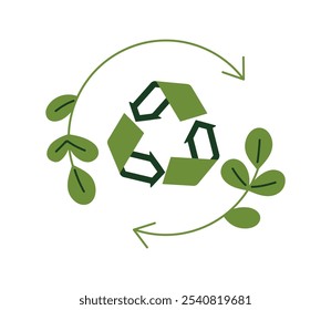 Reciclagem, símbolo ecológico, sinal de conceito ecológico e sustentável. Setas verdes, zero desperdício, recursos renováveis, recicláveis e reutilizáveis. Ilustração de vetor plano isolada no plano de fundo branco