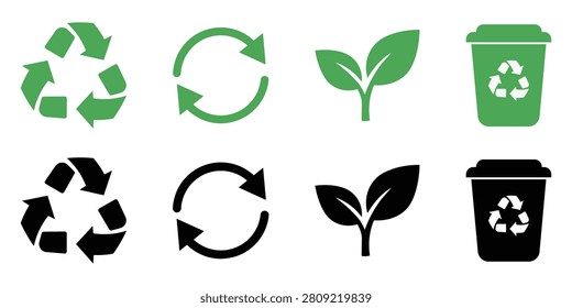 Recycling ecosystem icon set with green and black arrows, leaves, and trash bin symbols