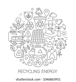 Recycling energy in circle - concept line illustration for cover, emblem, badge. Recycling green energy thin line stroke icons set.