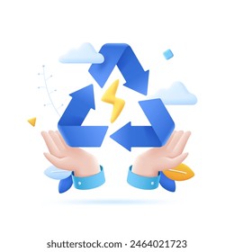 Recycling and energy symbols in person hands. Prefer sustainable energy resources. Safe environment using renewable power sources pseudo 3D cartoon composition. Eco friendly technology