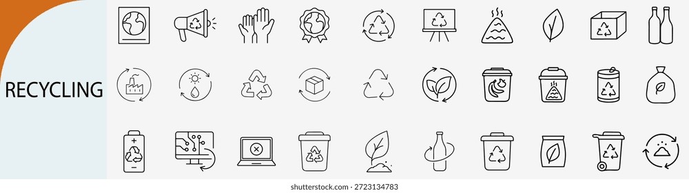 Ícones de reciclagem e conservação do ambiente, vetor de linha plana, estilo preto