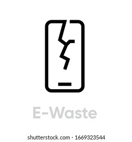 Icono de reciclaje de desechos electrónicos. Vector de línea editable. Crack en un teléfono con pantalla rota, tablet. Pictograma único aislado en un fondo blanco. Sencillo símbolo para web, aplicación móvil.