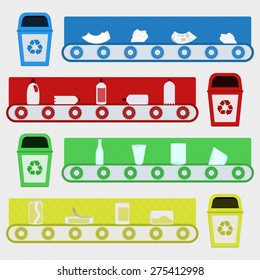 Recycling factory. Conveyor with recycled material in a recycling factory. Recycling paper, plastic, glass and metal.