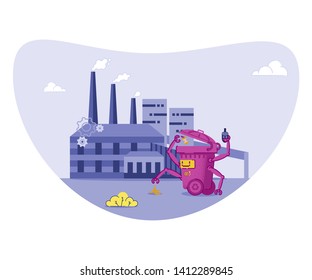 Recycling Factory Flat Vector Illustration. Sorting Rubbish to Protect Environment and Save Ecology. Robotic Waste Bin Gathering Organic and Electronic Rubbish with Automatic Hands or Grippers.