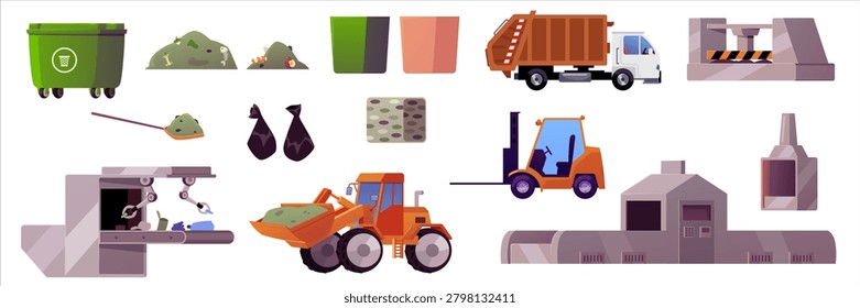 Recycling factory. Garbage sorting machine. Trash sorting conveyor, waste processing plant. Industrial trash facility. Trash can and bag, compost pile. Heavy machinery. Vector flat illustrations set