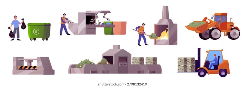 Recycling factory. Garbage sorting and waste press machines. Trash sorting conveyor, waste processing plant. Industrial trash incinerator facility. Composting. Heavy machinery. Vector flat set