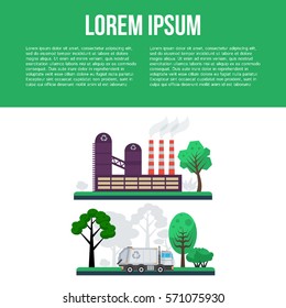 Recycling flat concept. Infographics garbage recycling and sorting factory. Garbage truck. Vector Illustration.