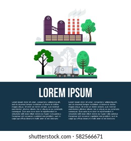 Recycling flat concept. Infographics garbage recycling and sorting factory. Garbage truck. Vector Illustration.