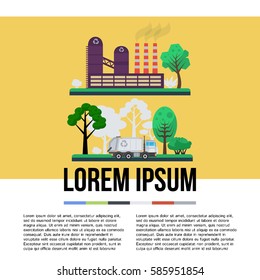 Recycling flat concept. Infographics garbage recycling and sorting factory. Garbage truck. Vector Illustration.
