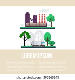 Recycling flat concept. Infographics garbage recycling and sorting factory. Garbage truck. Vector Illustration.