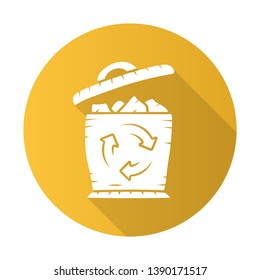 Recycling flat design long shadow glyph icon. Environmental sustainability. Trash sorting, rubbish utilization. Materials reusage. Ecology protection. Waste container. Vector silhouette illustration