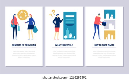 Recycling - flat design style conceptual web banners. High quality vertical images with copy space for text. Three situations with male, female characters sorting waste. Ecology, green city concept