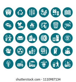 Recycling flat glyph icons. Pollution, recycle plant. Garbage sorting types - paper, glass, plastic, metal, flammable trash. Thin linear signs waste management. Solid silhouette pixel perfect 64x64.