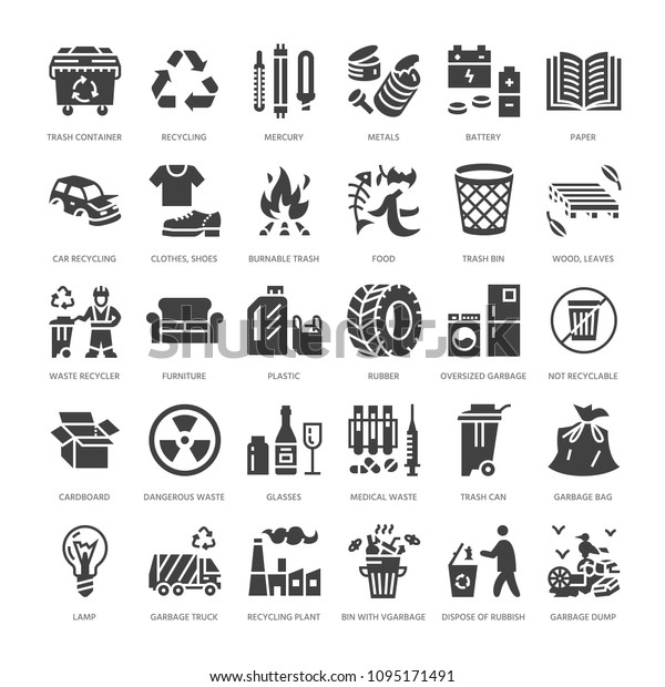 Recycling flat glyph icons. Pollution, recycle\
plant. Garbage sorting types - paper, glass, plastic, metal,\
flammable trash. Thin linear signs waste management. Solid\
silhouette pixel perfect\
64x64.