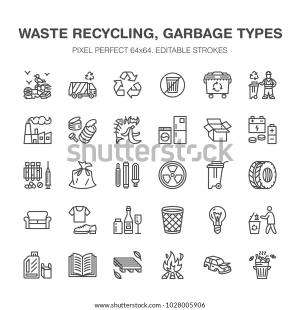Recycling flat\
line icons. Pollution, recycle plant. Garbage sorting types -\
paper, glass, plastic, metal, flammable trash. Thin linear signs\
for waste management. Pixel perfect\
64x64.