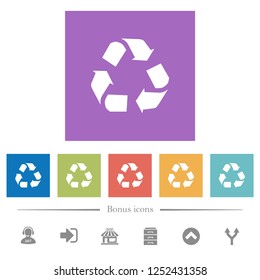 Recycling flat white icons in square backgrounds. 6 bonus icons included.