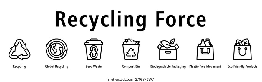 Recycling Force web banner icon vector illustration with icons of Recycling, Global Recycling, Zero Waste, Compost Bin, Biodegradable Packaging, Plastic-Free Movement, and Eco-Friendly Products.