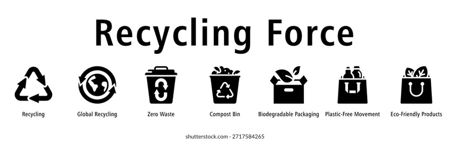 Ilustración vectorial de íconos de Anuncio de Web de fuerza de reciclaje con íconos de reciclaje, reciclaje global, cero residuos, contenedor de compost, empaques biodegradables, movimiento sin plástico y Productos ecológicos.