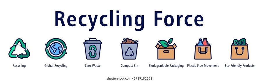 Ilustración vectorial de íconos de Anuncio de Web de fuerza de reciclaje con íconos de reciclaje, reciclaje global, cero residuos, contenedor de compost, empaques biodegradables, movimiento sin plástico y Productos ecológicos.