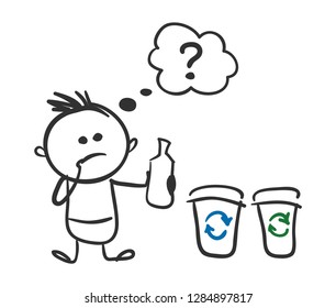 Recycling. Funny little man does not know which container to throw the bottle, vector illustration.