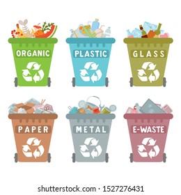 Recycling garbage bags. Paper, Metal, E-Waste, Plastic, Glass, Organic separate cans recycling. Sorting garbage concept. Colorful trash cans.  Segregate waste, sorting garbage, waste management.