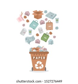 Recycling garbage bags. Paper separate cans recycling. Sorting garbage concept. Colorful trash cans. Segregate waste, sorting garbage, waste management.