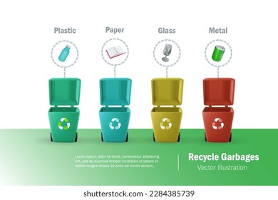 Recycling garbage bin sorting by material disposal in 4 colored rubbish bins for plastic, glass, paper and metal.  Waste segregation management for sustainable environment. 3D realistic vector.