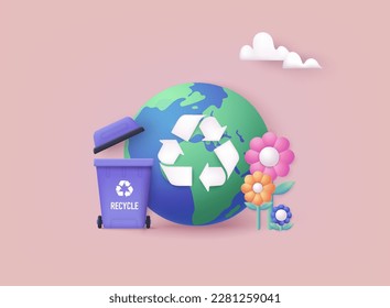 Recycling garbage bin, trying to reduce CO2 emission. 3D Web Vector Illustrations. 