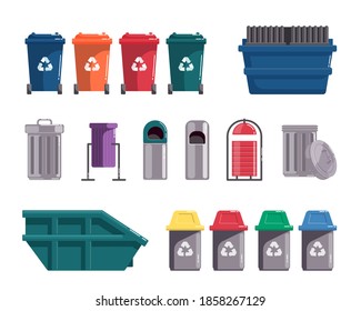 Recycling garbage can, waste dumpster, wheelie trash bin set. Different type utility and sorting street container, in-house waste-paper basket vector illustration isolated on white background