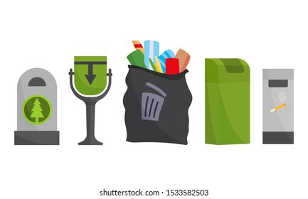 Recycling and garbage cans collection. City trashcan set with wheeled dumpster or trash container, recycle bins and waste basket.