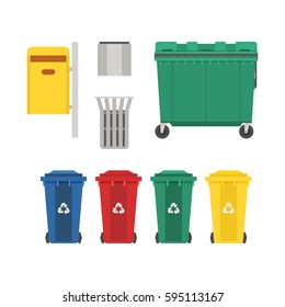 Recycling and garbage cans collection. City trashcan set with wheeled dumpster or trash container, recycle bins and waste basket.