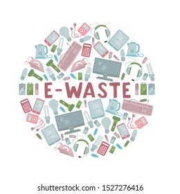 Recycling garbage concept. E-Waste separate cans recycling. Sorting garbage concept. Flat trash illustration. Segregate waste, sorting garbage, waste management.