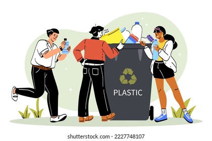 Recycling garbage concept. Men and woman standing near trash can for plastic. Zero waste, care for nature and ecology. Responsible society, volunteers and activists. Cartoon flat vector illustration