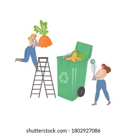 Recycling garbage concept with small people throw garbage in container. Environmental protection, ecology, earth day. Vector illustration for banner, postcard, web page, advertising