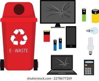 Recycling garbage concept. Trash basket and used electronic goods unused or damaged isolated on transparent background. Electric waste, television, laptop, computer, calculator, battery