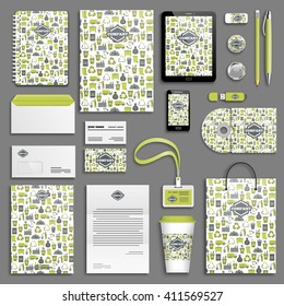 Recycling garbage Corporate identity template set. Business stationery mock-up with logo. Branding design. Colorful geometric background.