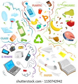 Recycling garbage elements. Sorting and Utilize food waste, metal, paper, plastic, battery, glass, organic. Ecology symbol. Segregation Separation and Industry management concept. disposal refuse bin.