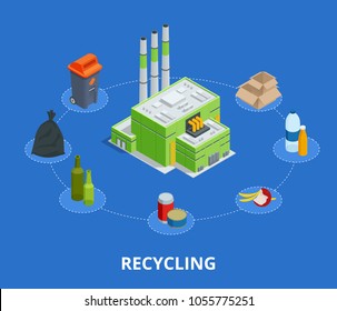 Recycling garbage elements trash bags tires management industry utilize waste can vector illustration.