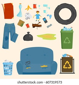 Recycling garbage elements trash bags tires management industry utilize concept and waste ecology can bottle recycling disposal box vector illustration.