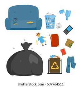 Recycling garbage elements trash bags tires management industry utilize concept and waste ecology can bottle recycling disposal box vector illustration.
