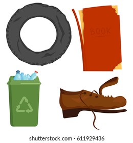 Recycling garbage elements trash bags tires management industry utilize concept and waste ecology can bottle recycling disposal box vector illustration.