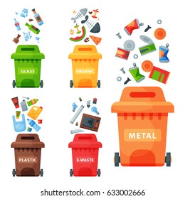 Recycling garbage elements trash bags tires management industry utilize waste can vector illustration.