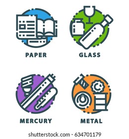 Recycling garbage elements trash bags tires management industry utilize waste can vector illustration.