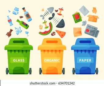 Recycling garbage elements trash bags tires management industry utilize waste can vector illustration.
