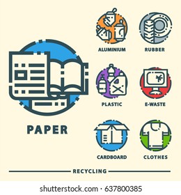 Recycling garbage elements trash bags tires management industry utilize waste can vector illustration.