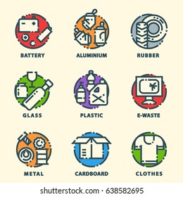 Recycling garbage elements trash bags tires management industry utilize waste can vector illustration.