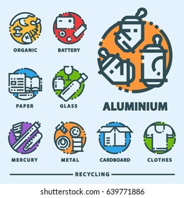 Recycling garbage elements trash bags tires management industry utilize waste can vector illustration.